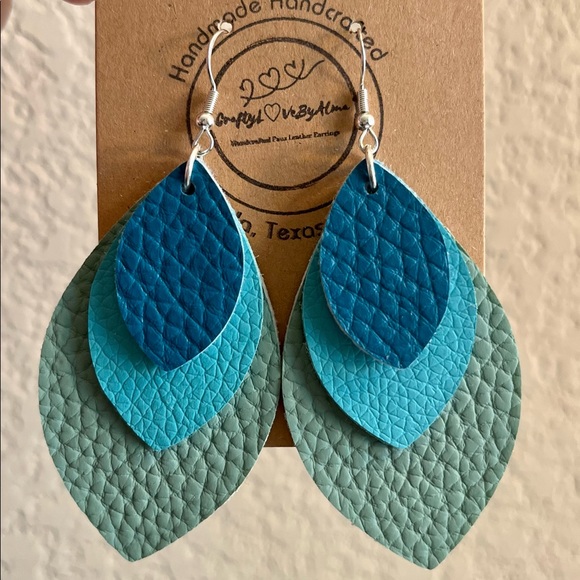 Hand Crafted Jewelry - Sage Green, Blue & Teal Triple Layers Faux Leather Earrings | Handmade Earrings
